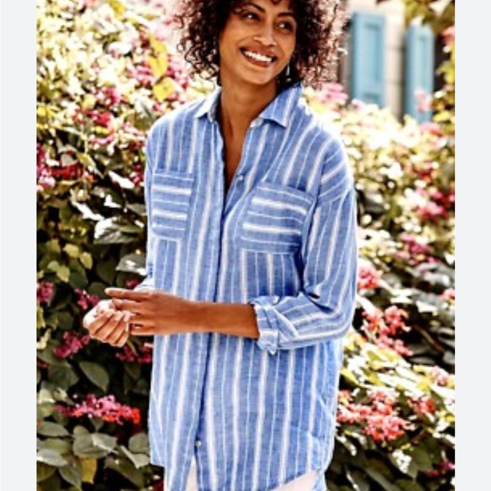 J. Jill | Chambray blue & white Stripe oversize Linen Top